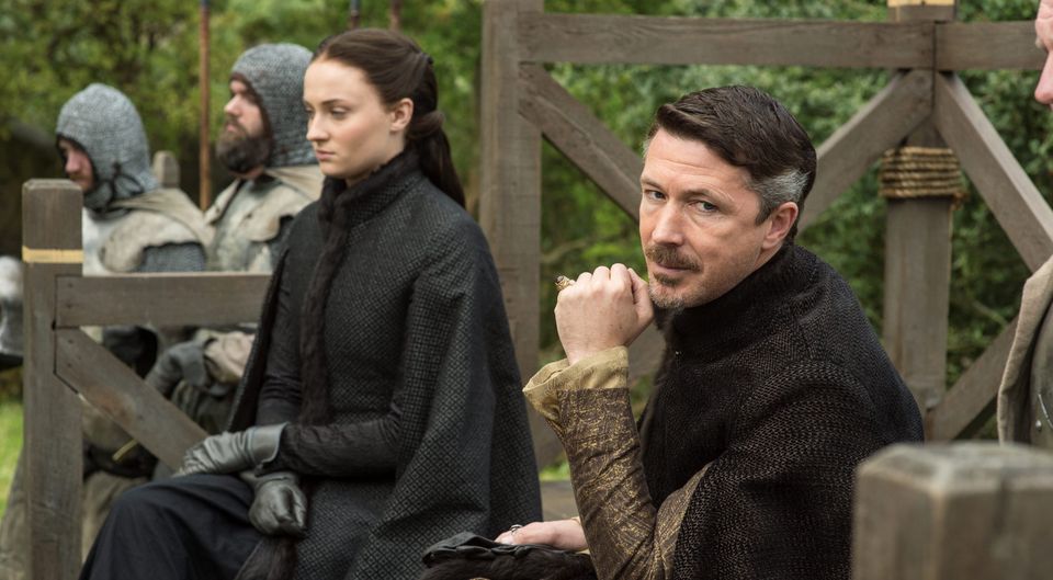 Killed off: Aidan Gillen, as Petyr ‘Littlefinger’ Baelish, on the set of ‘Game of Thrones’ with  Sophie Turner as Sansa Stark