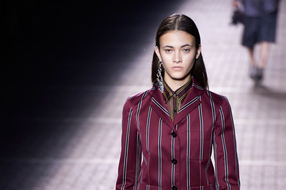 Stripe style: A model for Mulberry's spring-summer 2017 catwalk show  at London Fashion Week