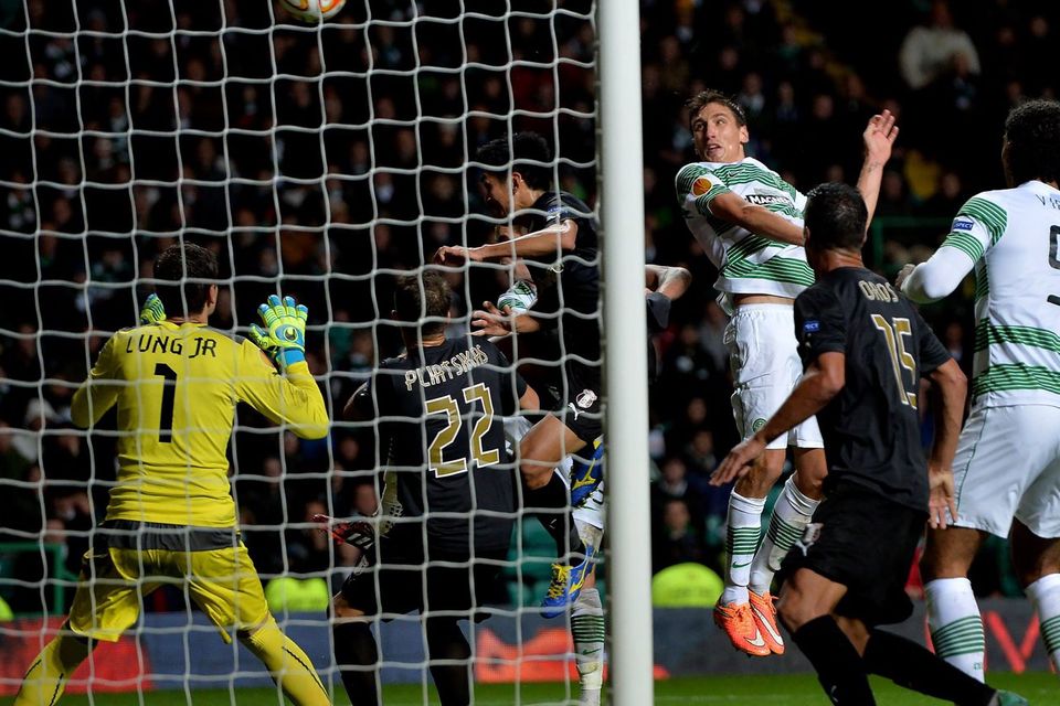 Stefan Scepovic of Celtic scores a his goal during the UEFA Europa League group D match between Celtic FC and FC Astra Giurgiu