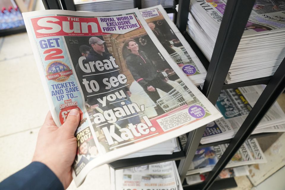 The Sun newspaper shows the Princess of Wales with the Prince of Wales during a visit to a farm shop in Windsor (Jonathan Brady/PA)