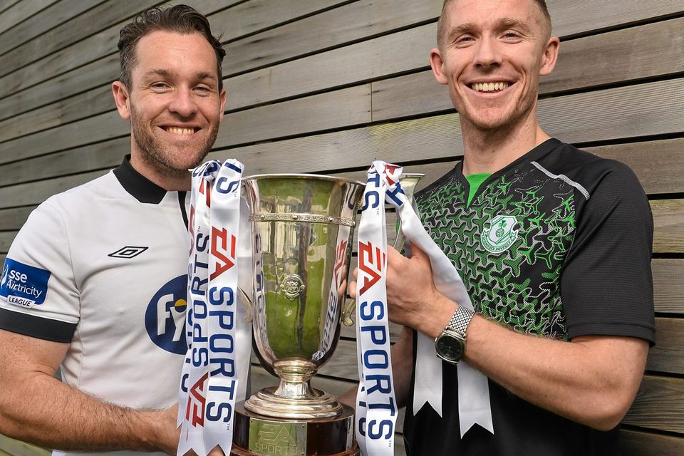 Shamrock Rovers' Conor Kenna and Dundalk's Mark Rossiter ahead of the EA Sports Cup final. Picture credit: David Maher / SPORTSFILE