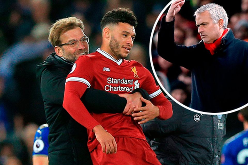 Jurgen Klopp celebrates with Alex Oxlade-Chamberlain after Leicester win and (inset) Mourinho