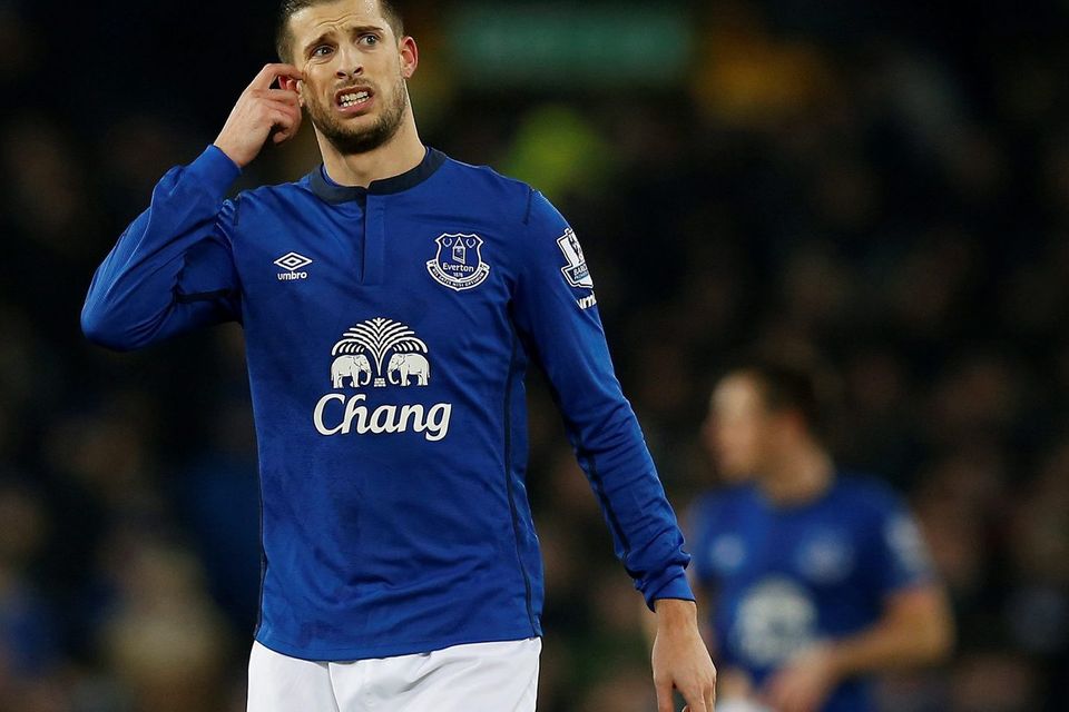 Kevin Mirallas wonders what could have been after missing a penalty kick during Everton's Premier League clash with West Bromwich Albion at Goodison Park. Photo: REUTERS/Andrew Yates