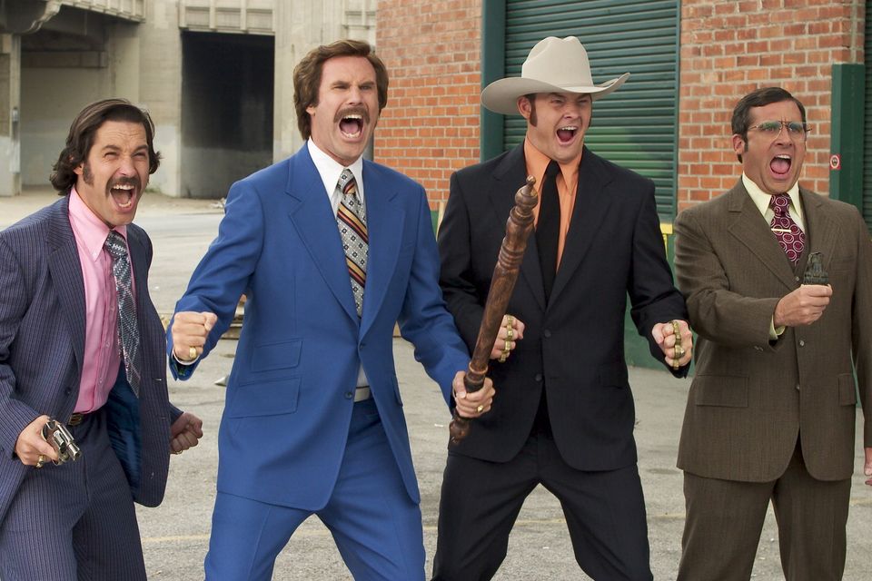 Paul Rudd, Will Ferrell, David Koechner and Steve Carell in Anchorman: The Legend of Ron Burgundy (Friday, Channel 4, 11.05p.m.)