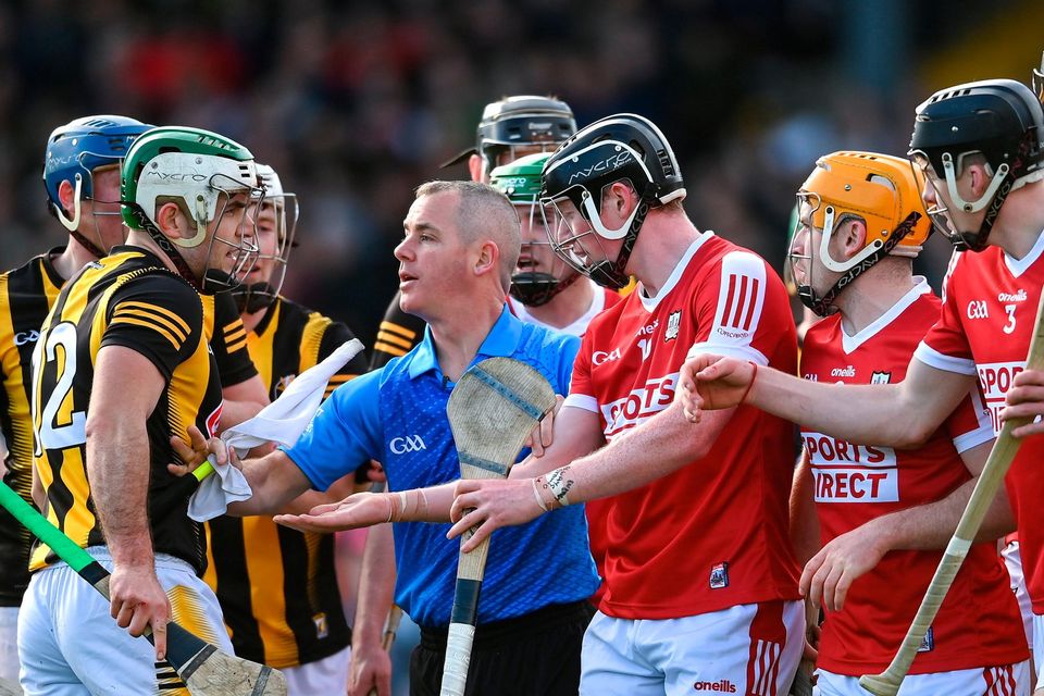 Players from both sides tussle during the Hurling League Division 1 semi-final between Kilkenny and Cork at Nowlan Park. Photo: David Fitzgerald/Sportsfile