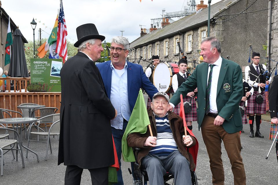 Railwayman Josie Breen and his son Seán with Brian Larkin and Paul Rogan, Captain of Greenore Golf Club at the Greenore Port and Village 150th Anniversary celebrations. Photo: Ken Finegan/www.newspics.ie