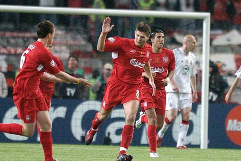 File photo dated 25-05-2005 of Liverpool's Steven Gerrard (centre) celebrates scoring against AC Milan. 
Rebecca Naden/PA Wire.