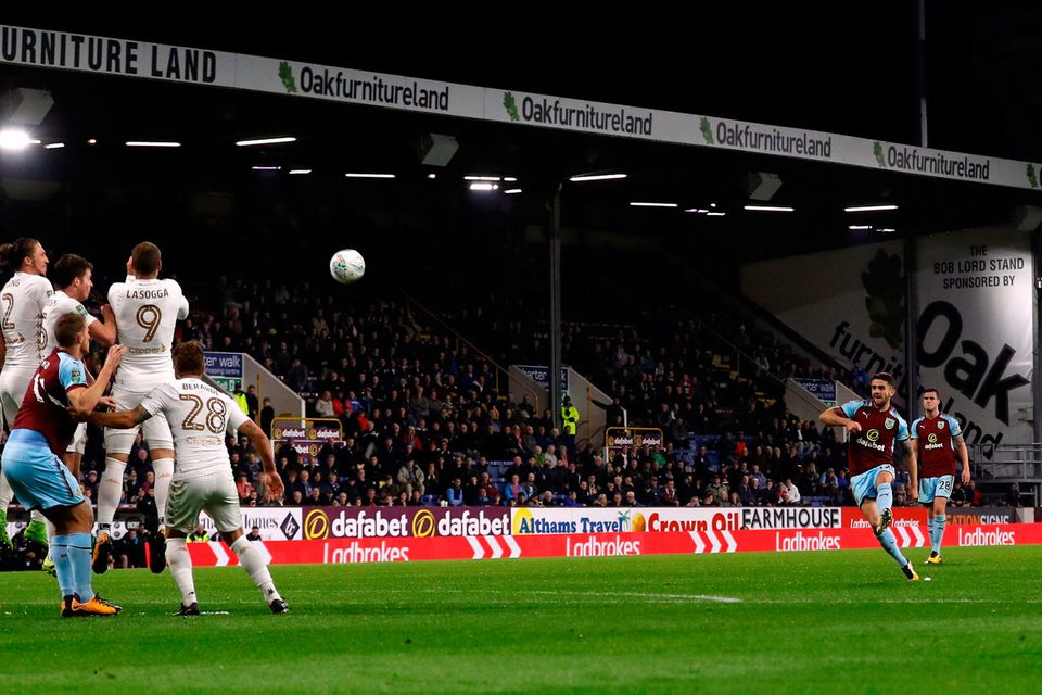 Robbie Brady scores Burnley's second goal from a free kick Photo: Reuters/Lee Smith