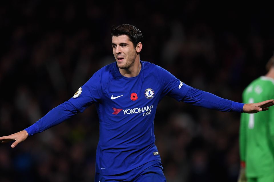 Alvaro Morata of Chelsea celebrates scoring his sides first goal during the Premier League match between Chelsea and Manchester United at Stamford Bridge on November 5, 2017 in London, England.  (Photo by Darren Walsh/Chelsea FC via Getty Images)