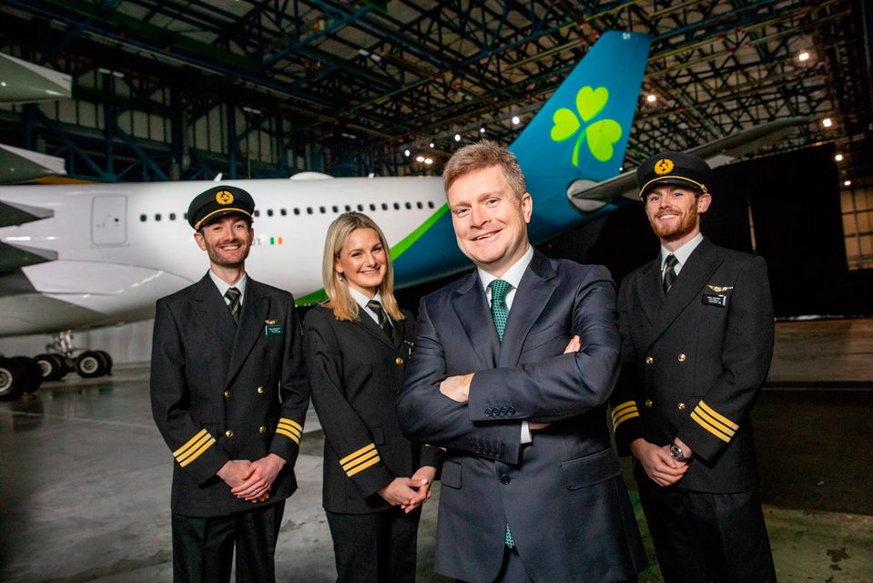 First Officer Niall McCauley;First Officer Laura Bennett;Sean Doyle, Aer Lingus Chief Executive;and First Officer Paul Deegan. Pic: Naoise Culhane