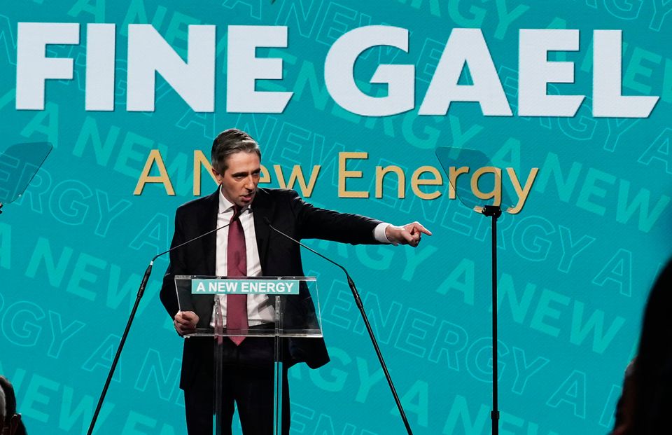 Fine Gael leader Simon Harris speaking at the party's ard fheis in Galway. Photo: Brian Lawless/PA