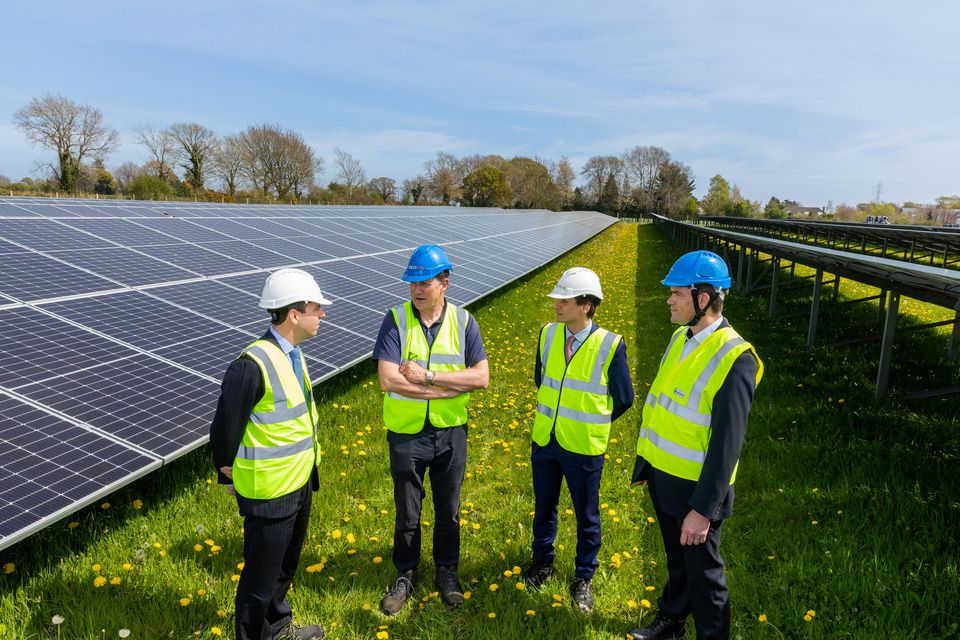 Neoen Europe director Christophe Desplats Redier, Environment Minister Eamon Ryan, Neoen Ireland managing director Cyril Perrin and ESB Networks managing director Nicholas Tarrant at Millvale Solar Farm, Co Wicklow. Photo: Keith Arkins