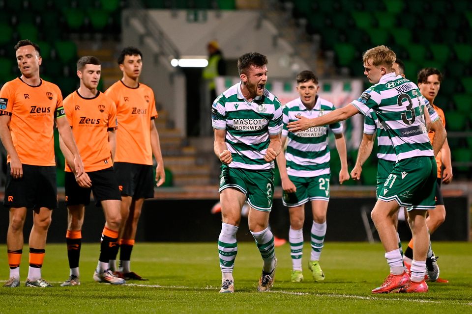 Shamrock Rovers' Josh Honohan celebrates after scoring his side's second goal against Cork City at Tallaght Stadium. Photo: Stephen McCarthy/Sportsfile