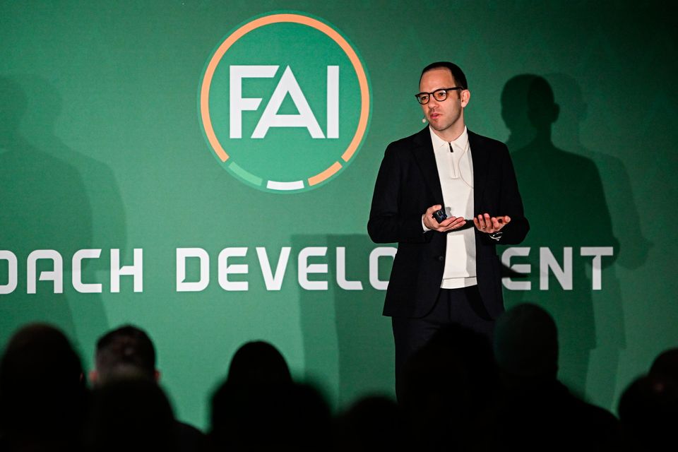 Marc Canham speaking during an FAI coaching development conference at the Aviva Stadium in February. Photo: Seb Daly/Sportsfile