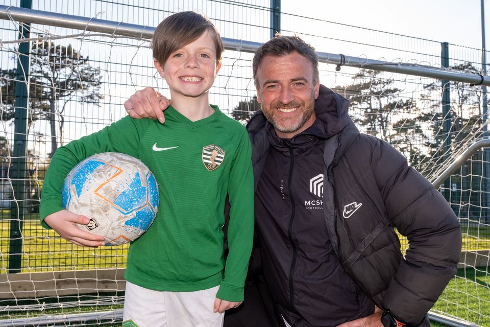 John McShane with son Stellan who plays for Greystones Utd U8s. Photo: Leigh Anderson