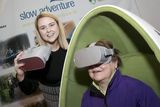 thumbnail: Michelle Whelan, from Lough Rynn Castle with Phyl Foley, from Leitrim Tourism, trying the new VR experience at Holiday World. Photo: Colm Mahady / Fennell Photography