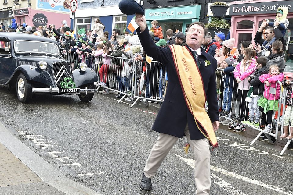 Grand Marshall Sean Halford leading the St Patrick's Day parade in Gorey. Pic: Jim Campbell