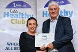thumbnail: Leinster GAA's Health and Welbeing Chairperson Dave Murray presents Majella O'Shea of the Aughrim GAA Club with their foundation award.  