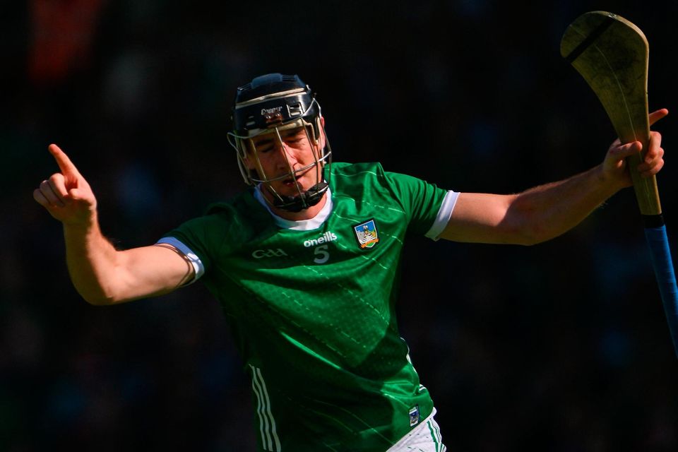 Limerick's Diarmaid Byrnes celebrates scoring a 44th-minute penalty during the Munster SHC clash against Cork at TUS Gaelic Grounds, Limerick. Photo: Ray McManus/Sportsfile