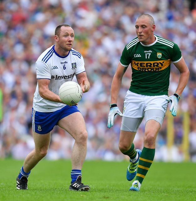 Monaghan's Vinny Corey of Monaghan in action against Kerry's Kieran Donaghy during the Super 8s match at Clones in 2018. Photo: Brendan Moran/Sportsfile