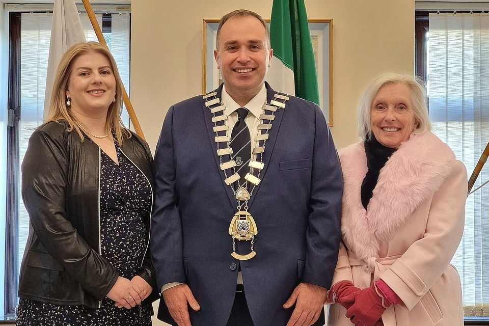 Councillor Stephen Stokes, with his partner Mandy Murphy (left), and Bernadette Stokes, Stephen's mother, on his election as Cathaoirleach of the Greystones Municipal District, in December 2023.