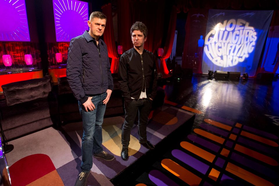 Former Oasis frontman Noel Gallagher pictured with Brendan O'Connor during rehearsals on the set of the RT? Saturday Night Show where he performed two songs with his band High Flying Birds from their new album Chasing Yesterday. Picture Andres Poveda