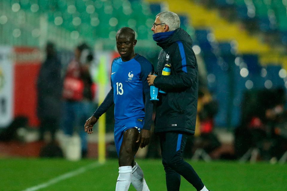 France's N'Golo Kante is substituted off after sustaining an injury. REUTERS/Marko Djurica