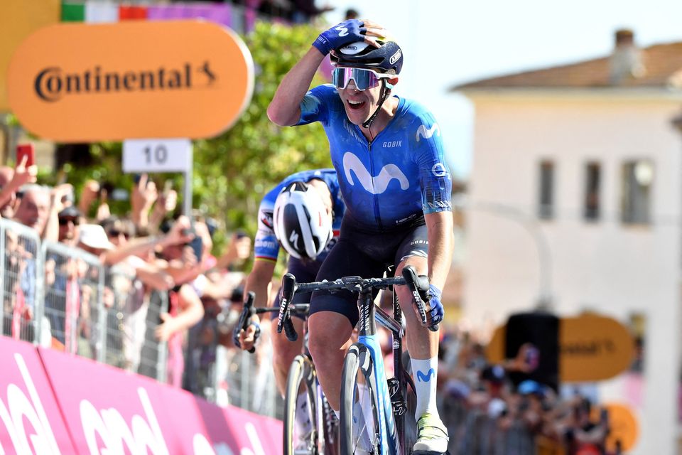 Movistar Team's Pelayo Sanchez celebrates after winning stage six of the Giro d'Italia from Viareggio to Rapolano Terme