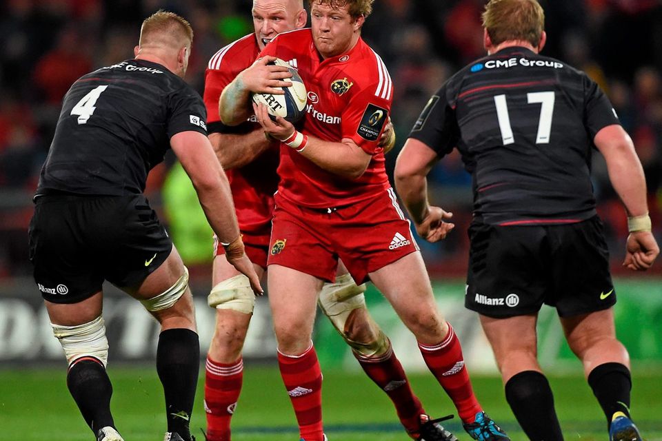 Stephen Archer supported by team-mate Paul O'Connell, in action against George Kruis, left, and Rhys Gill. Picture credit: Diarmuid Greene / SPORTSFILE