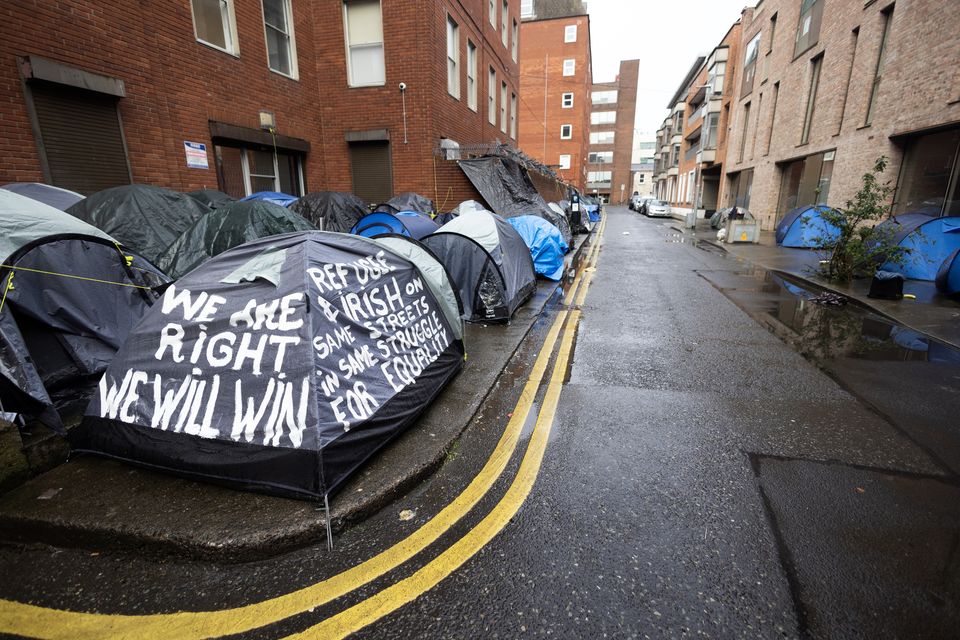 Tents around the International Protection Office, Dublin. Photo: Collins
