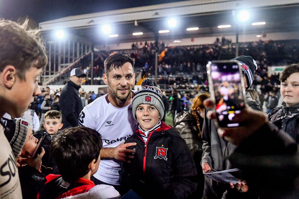 Dundalk's Patrick Hoban poses for pictures with supporters after their victory over Bohemians at Oriel Park. Photo: Ben McShane/Sportsfile