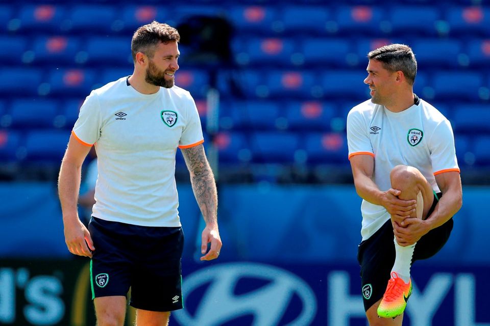 Ireland's Daryl Murphy (left) and Jonathan Walters during a training session on Saturday
