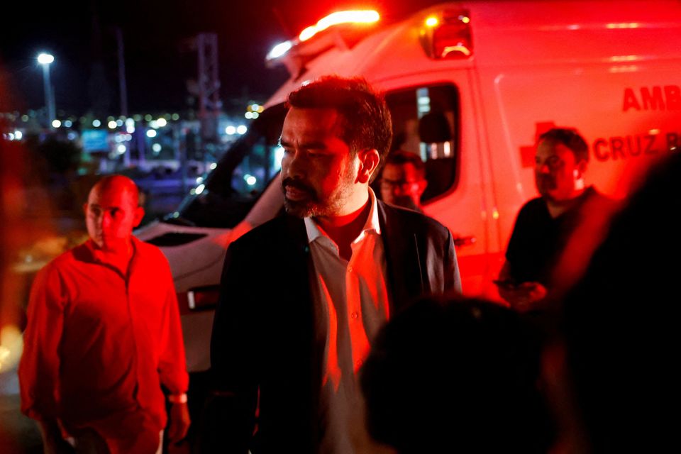 Presidential candidate of the Citizen's Movement Party Jorge Alvarez Maynez reacts at the site after a gust of wind caused a structure to collapse, resulting in multiple fatalities and injuries, at a campaign event for the Citizens' Movement party, in San Pedro Garza Garcia, Nuevo Leon, Mexico May 22, 2024. REUTERS/Daniel Becerril REFILE - CORRECTING JORGE ALVAREZ MAYNEZ'S DESIGNATION FROM "PARTY PRESIDENT" TO "PRESIDENTIAL CANDIDATE"