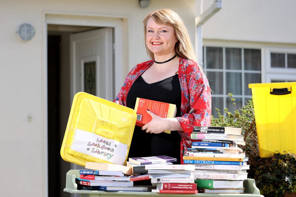 Book club: Shirley Chance Howe with her lockdown library outside her home in Celbridge, Co Kildare. Photo: Frank McGrath