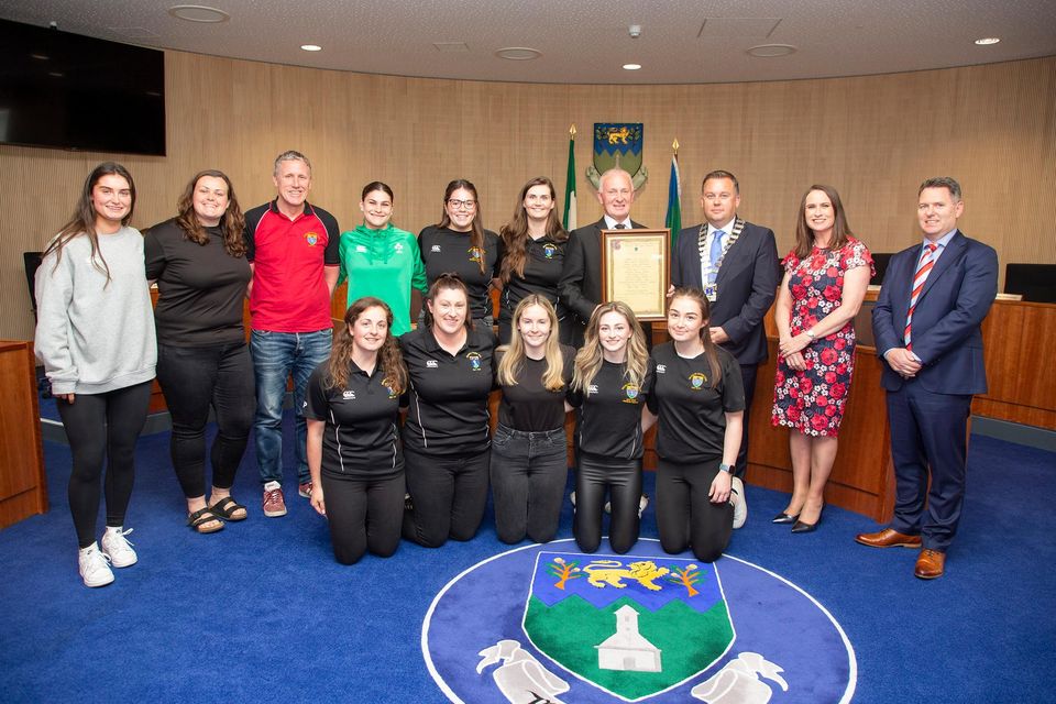 Cathaoirleach of the Wicklow Municipal District Paul O'Brien, CEO of Wicklow County Council Emer O' Gorman and Brian Gleeson present The Wicklow Ladies Rugby Team with the Cathaoirleach's Achievements and Contributions to Sport Award at a Civic Reception in Council Buildings, Wicklow town.