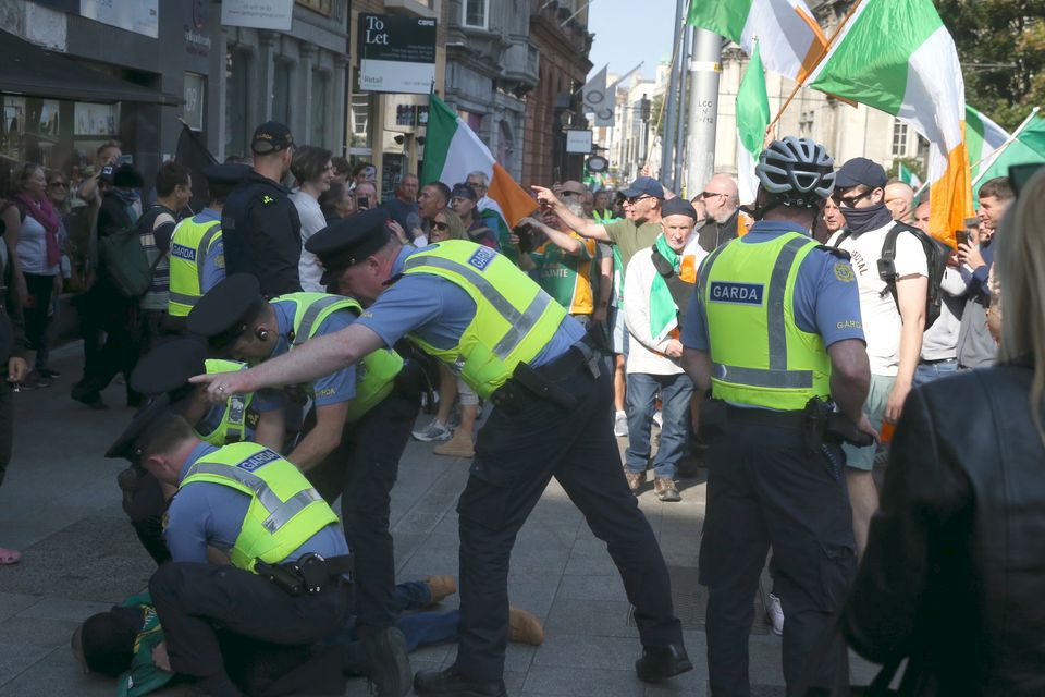 Gardaí detain a man at the protest (Pic: Collins Photos)