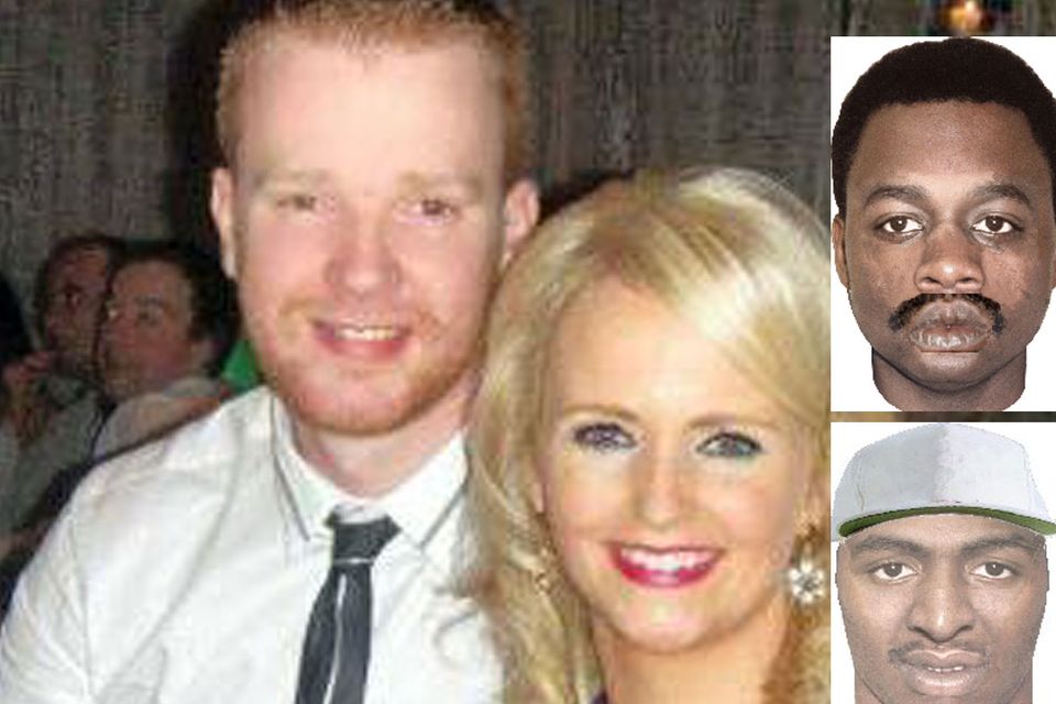 Police photofits of suspects (insets) in the shooting of Garda Brian Hanrahan, pictured with his wife Emma.