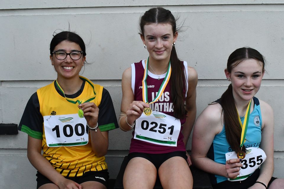Medal winners in the Girls U15 Long Jump, from left, Mia Boyou (Iveragh, 3rd), Grace Hegarty (Lios Tuathail, 2nd) and Maddison O’Connor (St. Brendans) at the County T&F Championship