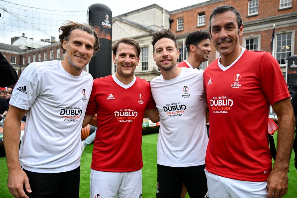 UEFA Legends, from left, Diego Forlan, Gaizka Mendieta, Barry Murphy and Robert Pirés after the Legends match on day 2 of the Fan Festival before the UEFA Europa League 2023/24 final. Photo by Stephen McCarthy - Sportsfile/UEFA via Getty Images