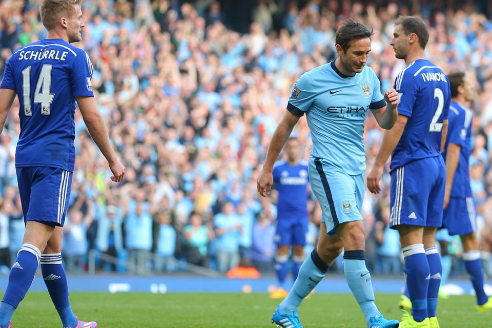 Frank Lampard, centre, did not celebrate when he scored for Manchester City against his former club Chelsea