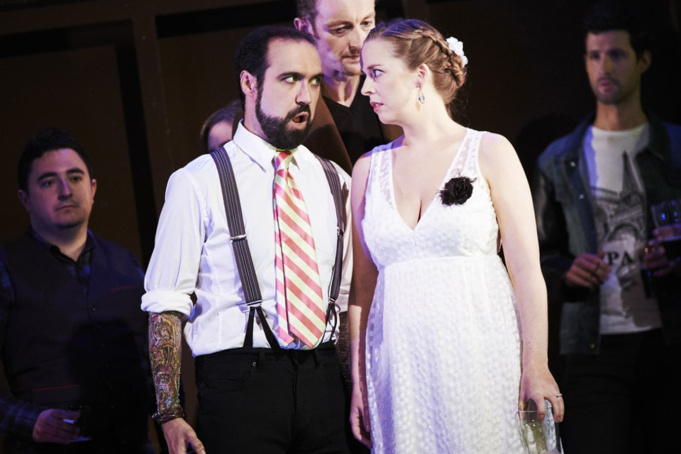 Brendan Collins as Masetteo, John Molloy as Leporello and Daire Halpin as Zerlina in Opera Theatre Company's new production of Mozart's Don Giovanni in a new translation by Roddy Doyle, in Dublin Theatre Festival.