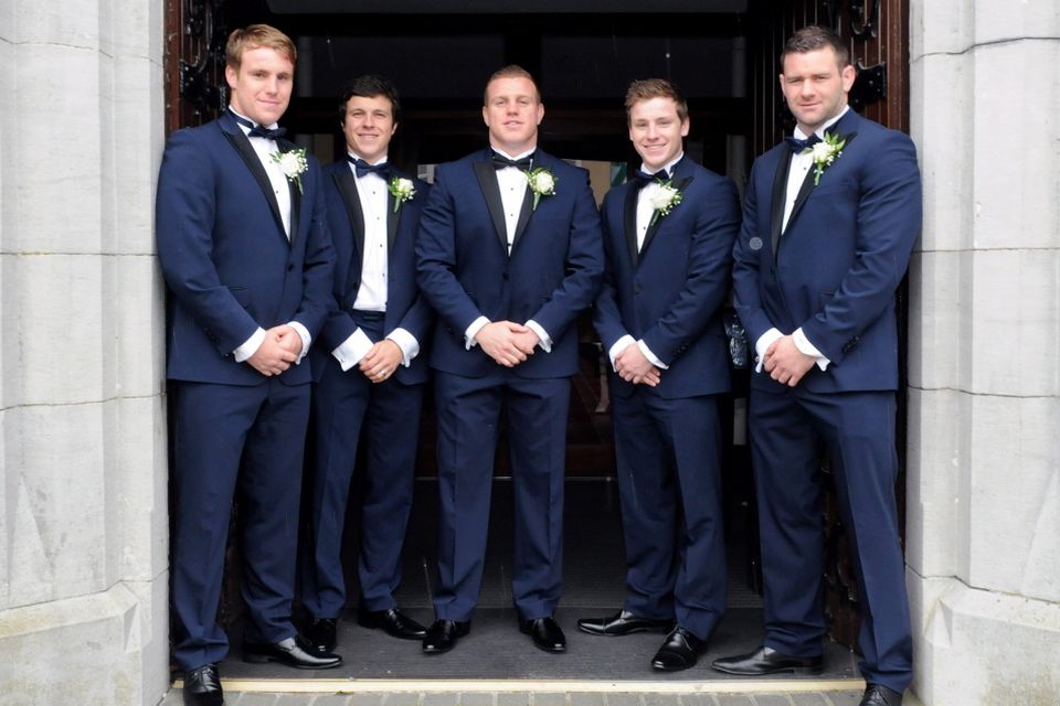 12/6/2015  (centre) Irish Rugby player Sean Cronin with from left to right, brothers, Liam, Colm and Neill Cronin, With best man Fergus McFadden. Sean Cronin and Claire Mulcahy Wedding,  St. Josephs Catholic Church, Castleconnell, Co. Limerick.
Pic: Gareth Williams / Press 22