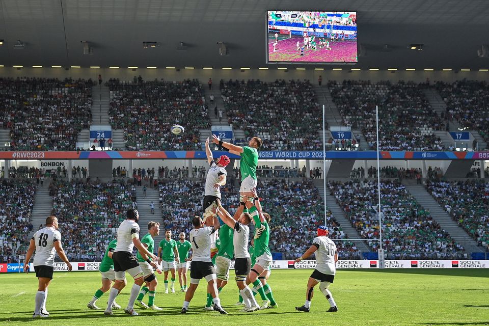 Adrian Motoc of Romania takes possession in a lineout ahead of Iain Henderson of Ireland during the 2023 Rugby World Cup Pool B match at Stade de Bordeaux in France. Photo: Harry Murphy/Sportsfile