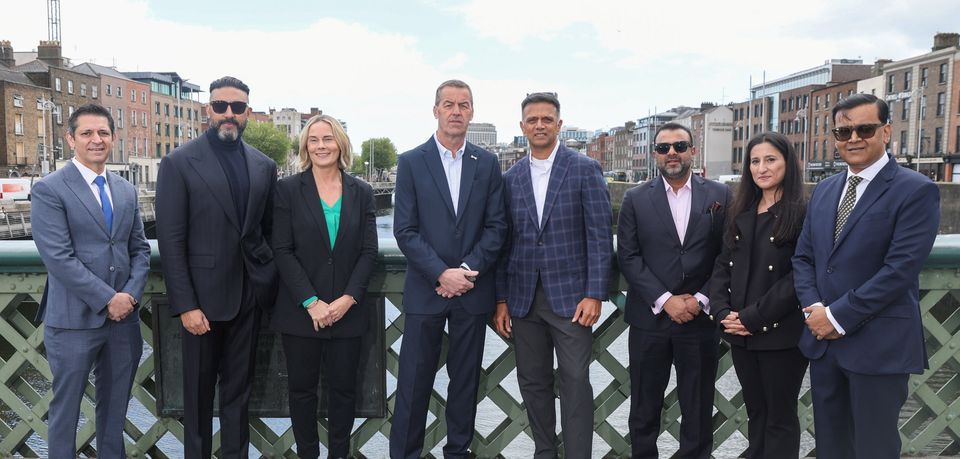 Dhiraj Malhotra and Abhishek Bachchan, co-founders ETPL, . Sarah Keane, CEO of Cricket Ireland, Brian MacNeice, Chair of Cricket Ireland, Rahul Dravid, owner of Dublin Guardians, Ajit Ravindran from Dublin Guardians and Priyanka Kaul and Saurav Banerjee, co-founders ETPL in Dublin