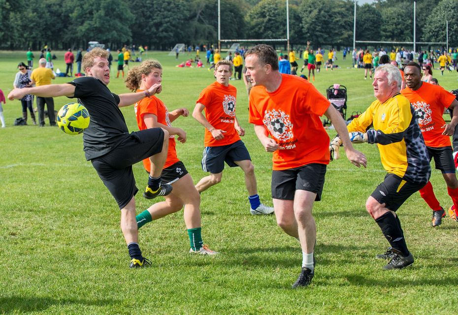 Sunday 14 September 2014. Phoenix Park: Sport Against Racism Ireland (SARI) organised a Sari All-Stars v Love/Hate cast football match. Fran causes more trouble in the box.