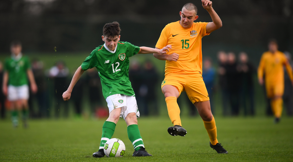 Bray Wanderers' Andrew Moran in action for Ireland U16s in a friendly against Australia last January. Photo: Stephen McCarthy/Sportsfile