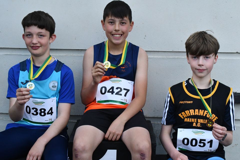 Sam O'Shea (Star of the Laune), Conor Walsh (St Brendan's) and Timothy Madden (Farranfore Maine Valley) who took part in the Under-13 Javelin event