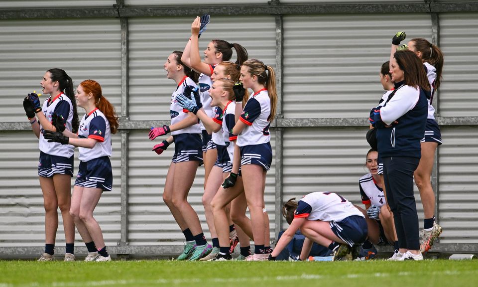 New York players celebrate a goal during the 2024 John West Féile Peile na nÓg Division One Finals at the Connacht GAA Centre of Excellence in Bekan, Mayo. Photo: Ben McShane/Sportsfile