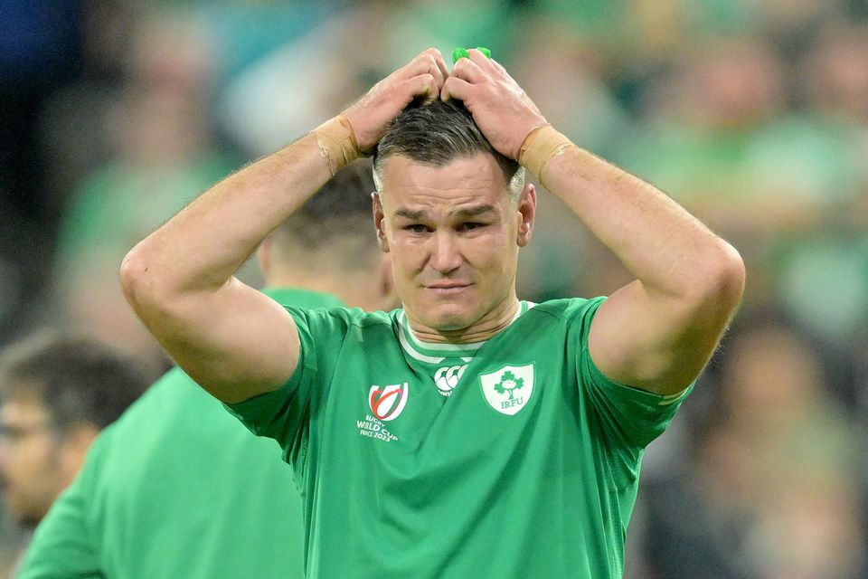 Ireland's Johnny Sexton feels the emotion after full-time in the Rugby World Cup quarter-final against New Zealand at Stade de France in Paris last October. Photo: Lionel Hahn/Getty Images