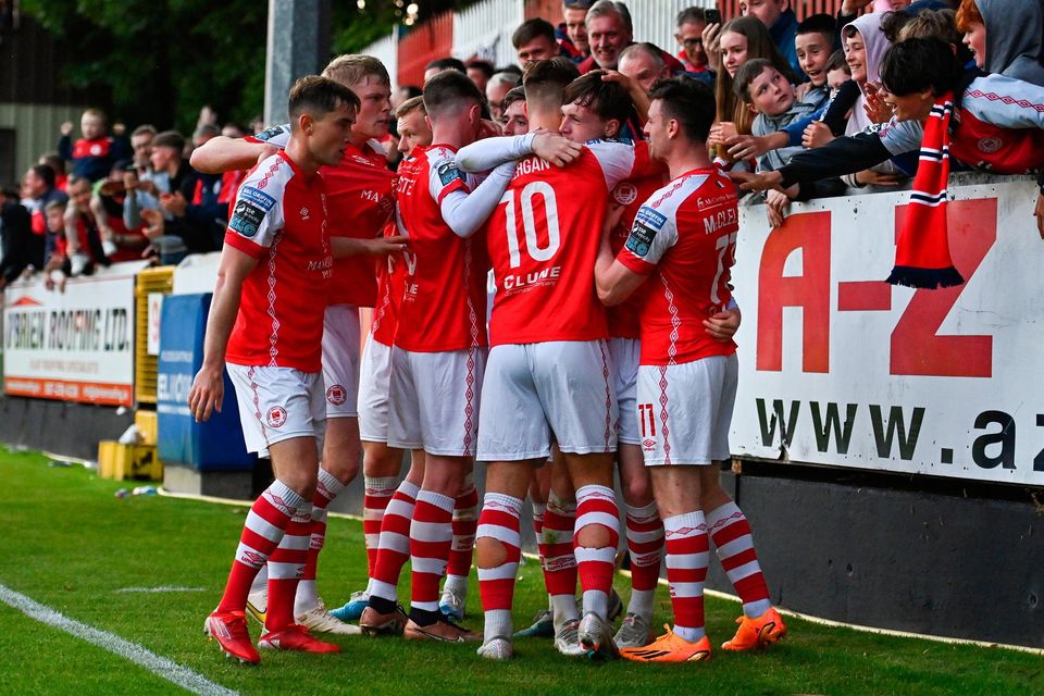 Conor Carty of St Patrick's Athletic, second from right, celebrates with team-mates after scoring his side's second goal during the Airtricity League match against Dundalk at Richmond Park. Photo: Tyler Miller/Sportsfile